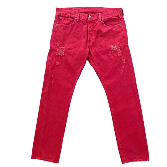 Denim & Supply Ralph Lauren Slim Jeans Mens 36x32 Red Denim Distressed Dyed - Picture 1 of 16